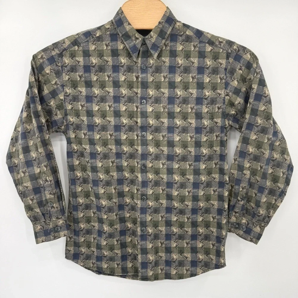 Jhane Barnes Button Down Men S Blue Green Woven Jacquard Check Long Sleeve Shirt